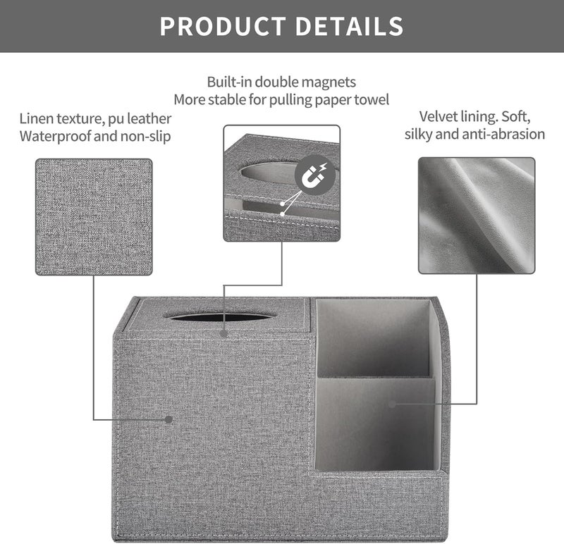 XNONE Square Tissue Box Cover Organizer,PU Leather Cube Tissue Box Holder with 2-Compartment Storage Box,Tissue and Remote Control Holder,Decorative Tissue Box Bedroom NightStand Office Tabletop,Grey - Image 5